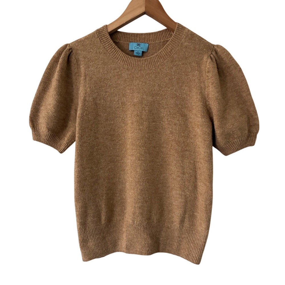 CeCe Minimalist Camel Tan Short Puff Sleeve Crew Neck Knit Sweater Size M